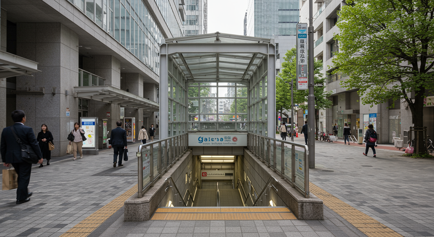 外苑前駅の出入口と周辺の街並み