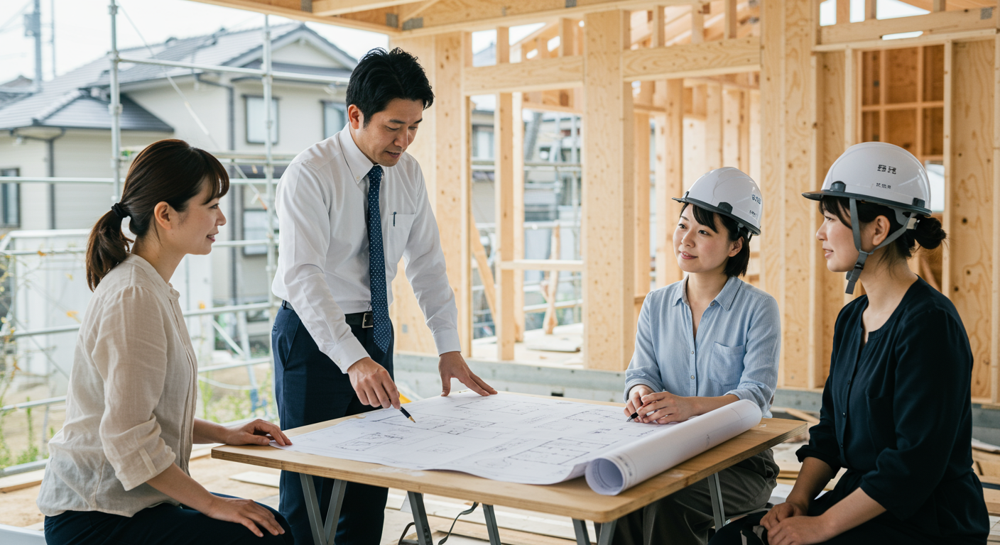 住宅建築現場でオプション工事の打ち合わせをしている様子