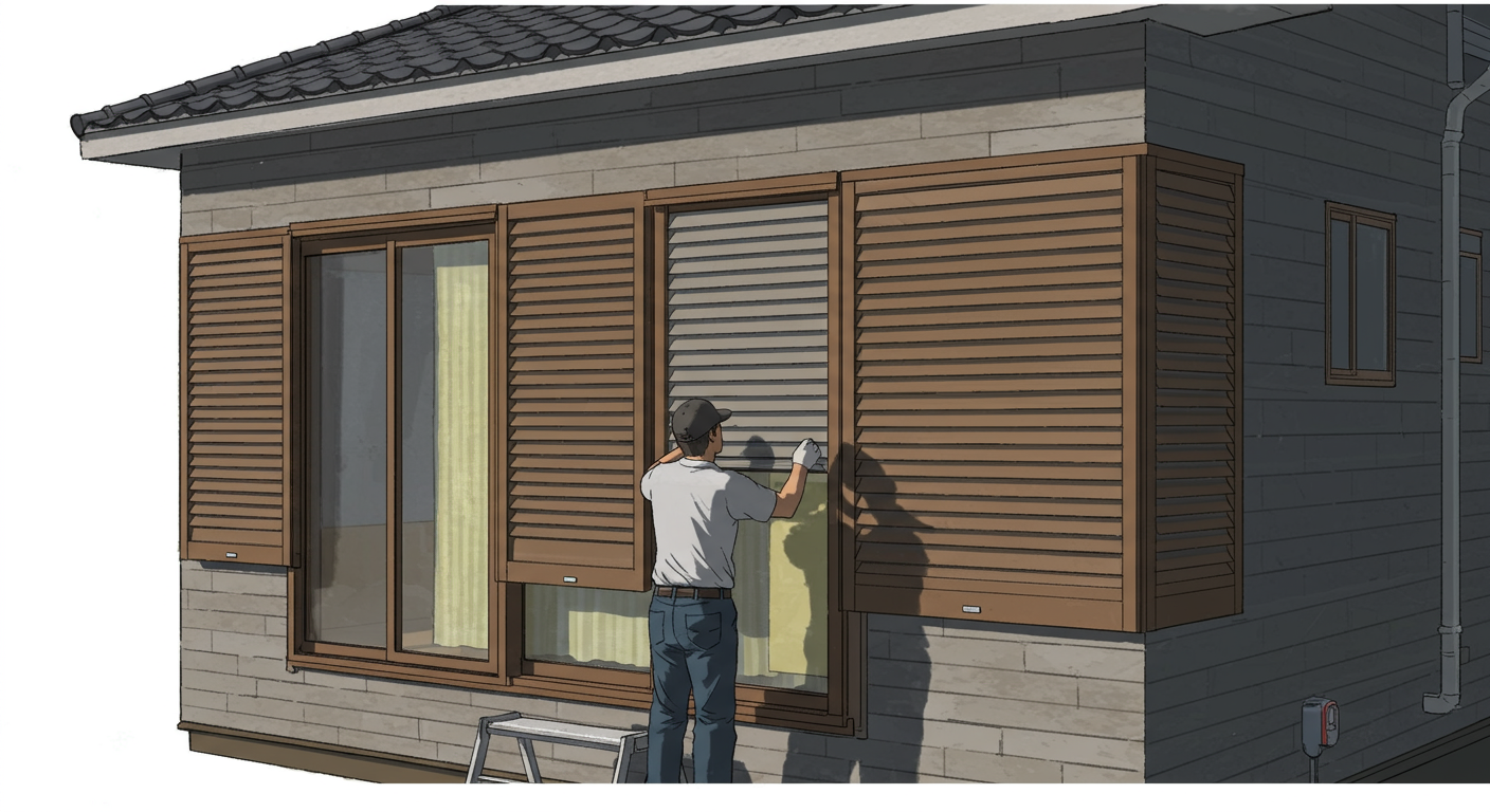 住宅の窓にシャッターを設置している様子