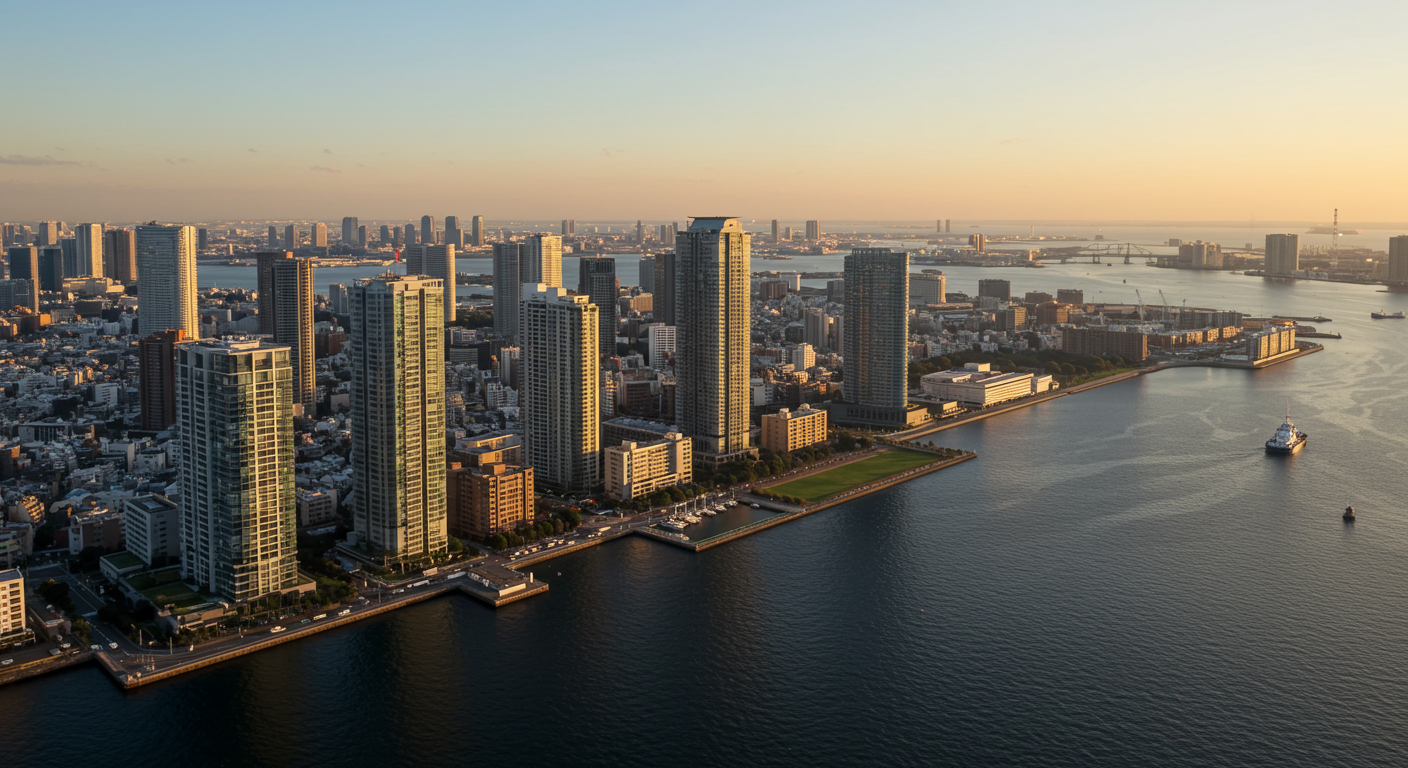 東京都港区海岸エリアの高層マンションと東京湾の風景