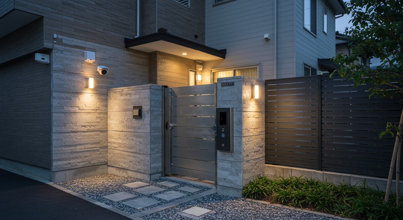 最新の防犯カメラとスマートセキュリティシステムを備えた外構