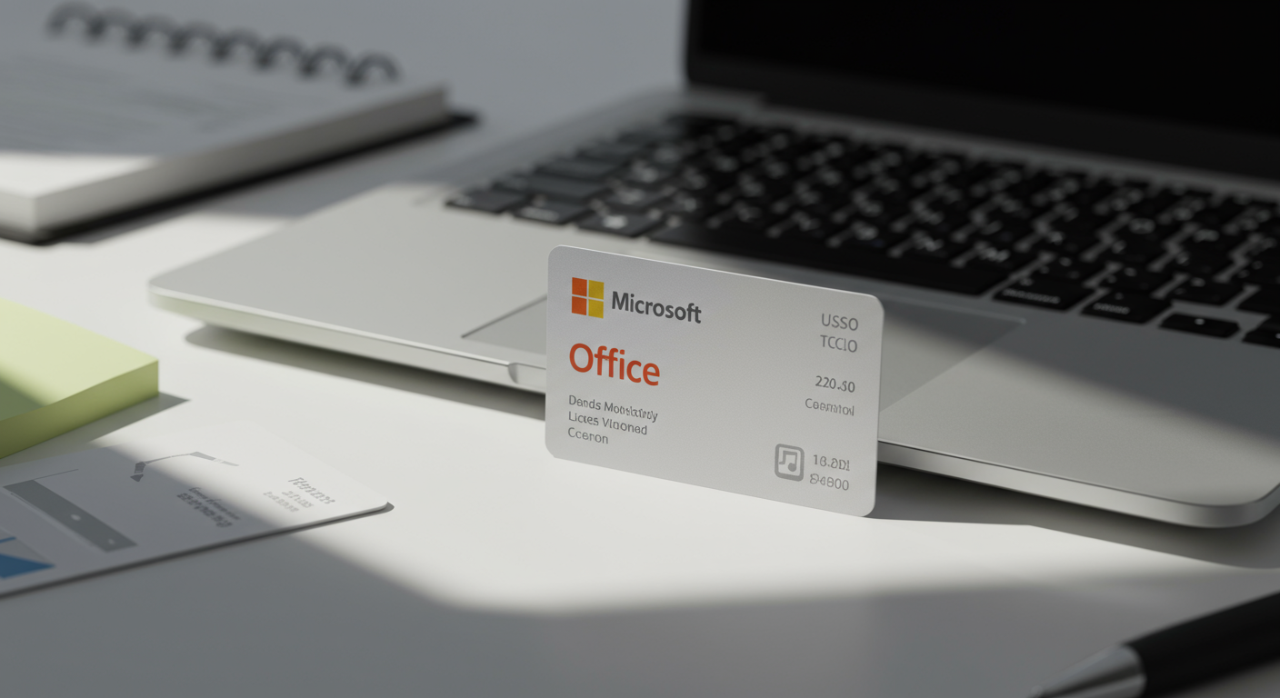 デスクに置かれたOfficeライセンスカードとノートパソコン