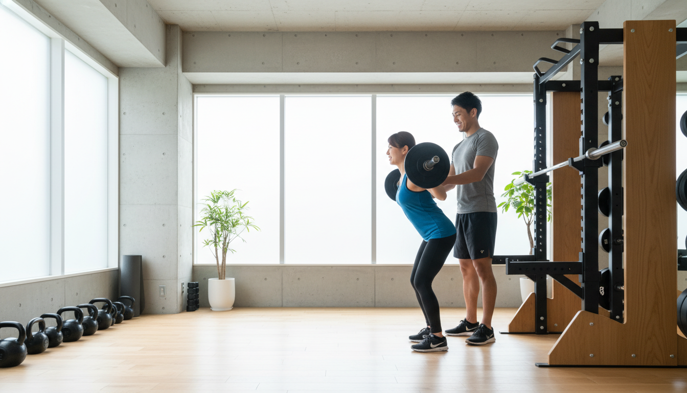 パーソナルジムでトレーニングする女性とトレーナー