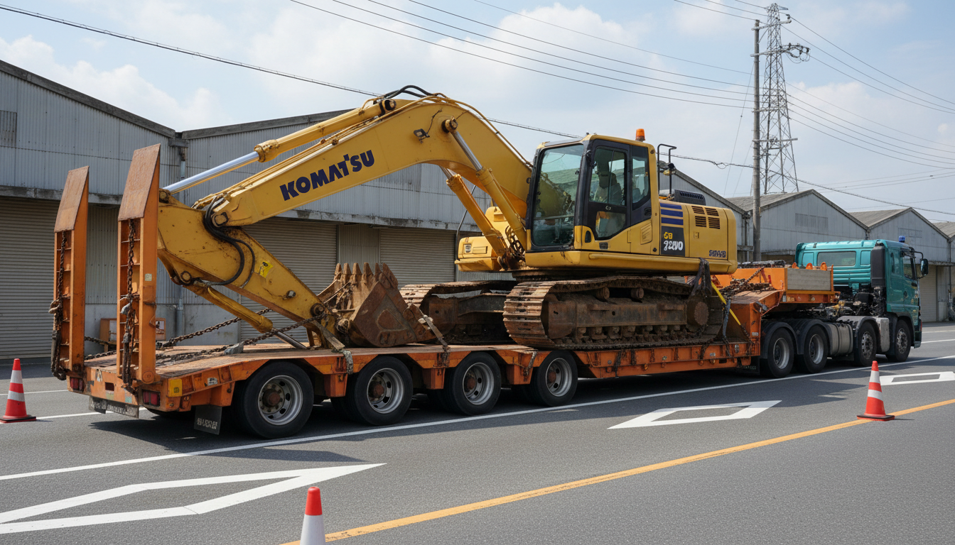 低床トレーラーで重量物を運搬する様子