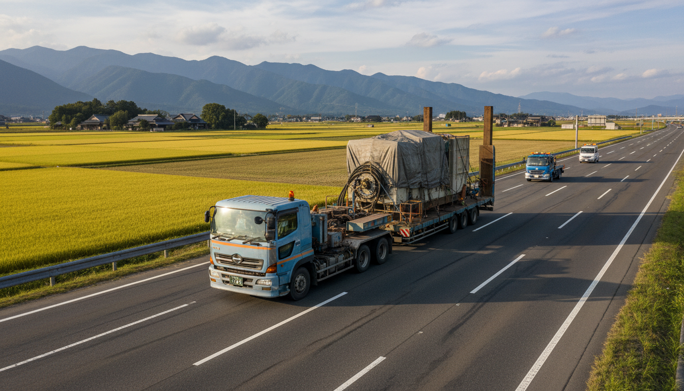 特殊車両通行許可制度の概要を示す道路と大型トラックのイメージ