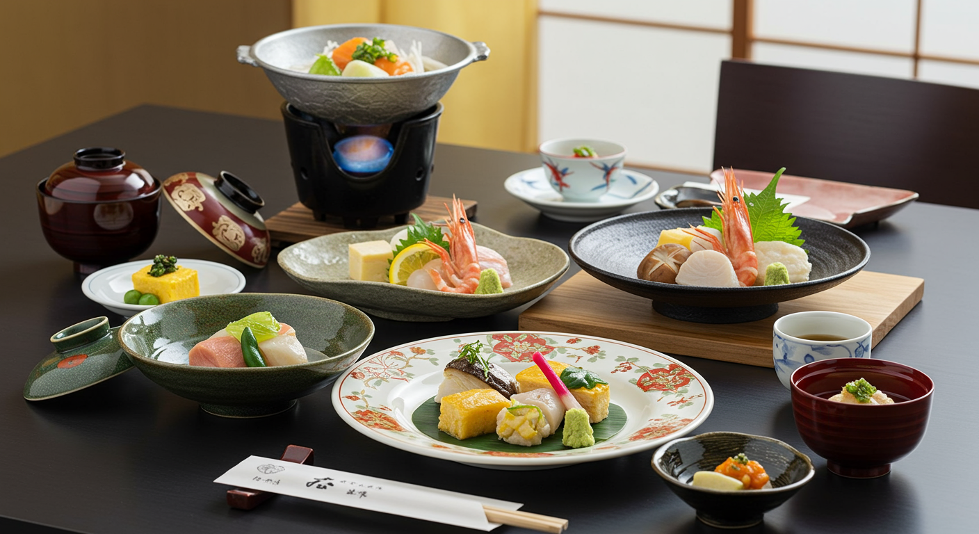 高級日本料理と洗練された宴会のテーブルセッティング