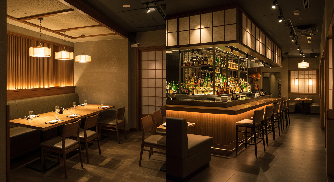 深夜営業の飲食店とスナックの違いを示す店内照明の比較