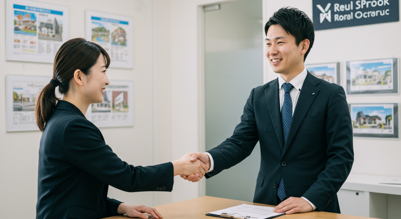賃貸仲介で握手をする不動産営業マンとお客様