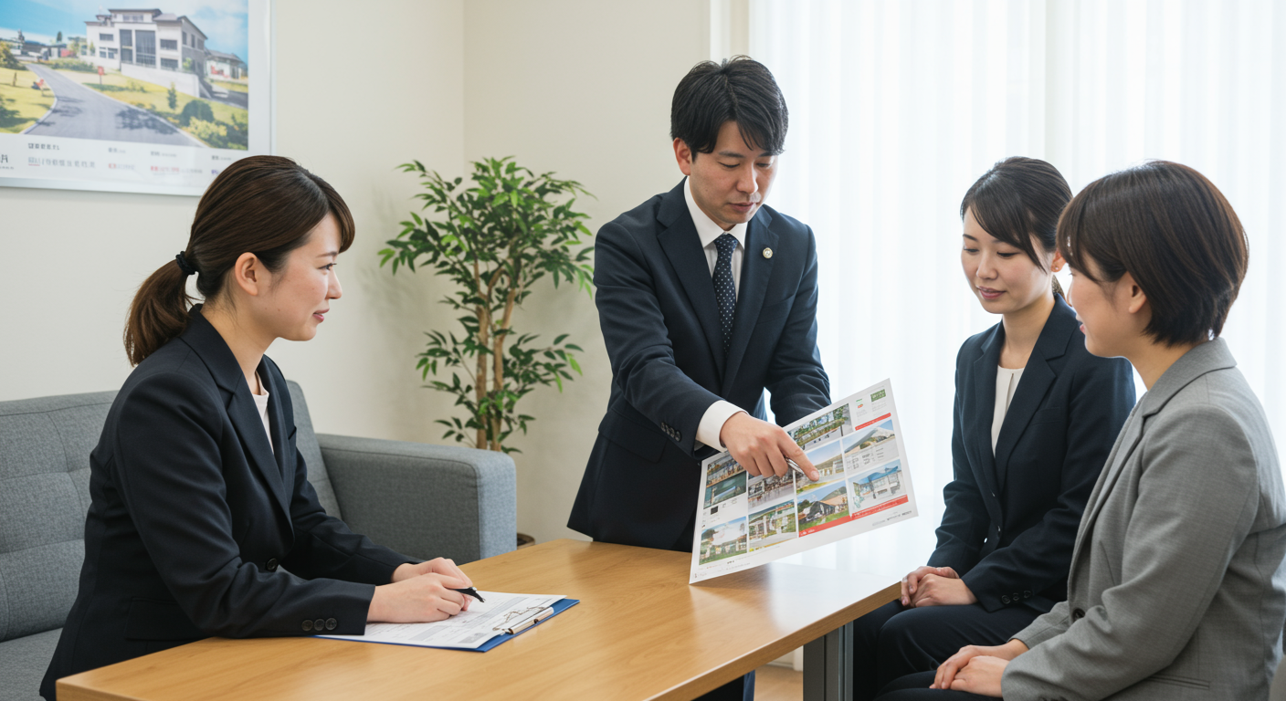 不動産営業マンが顧客と丁寧に物件について説明している様子