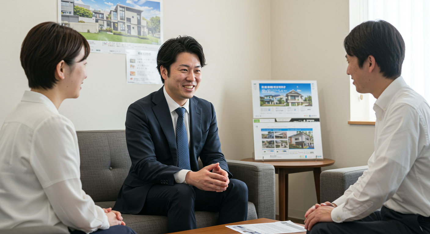 不動産営業マンが顧客と和やかに会話している様子