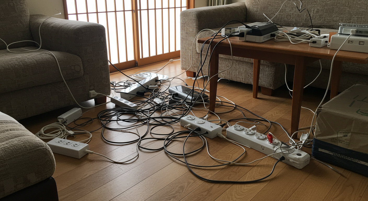 床に這うタコ足配線と乱雑なコード