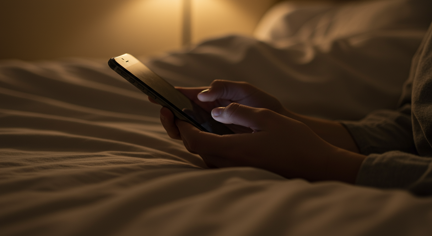 ベッドの上でスマホを見る女性の手元