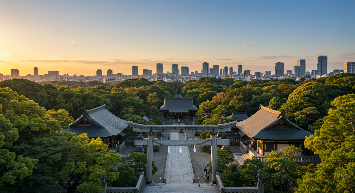 愛宕山から見た東京の街並みと愛宕神社の風景