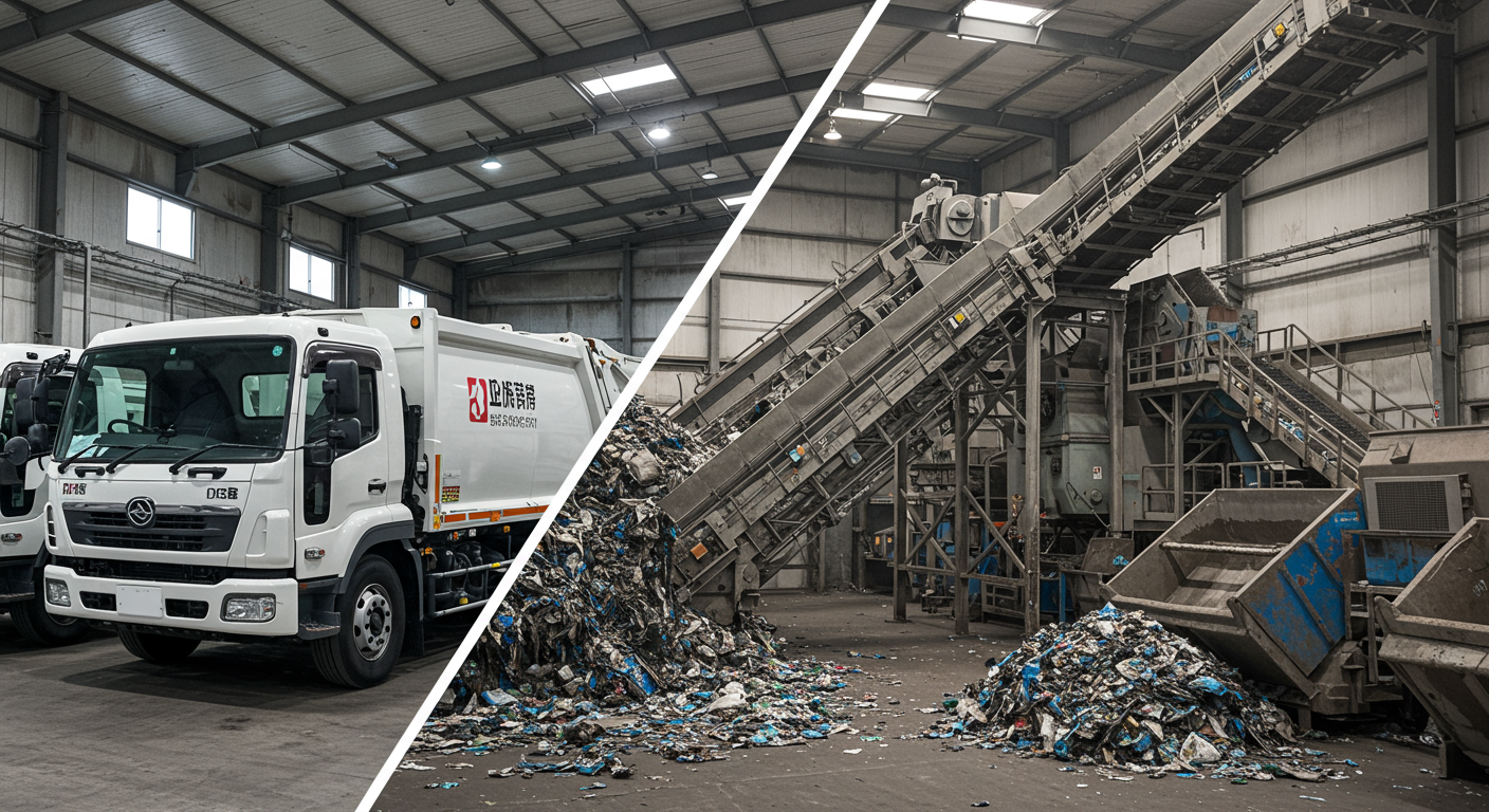 産業廃棄物収集運搬車両と処理施設の比較イメージ