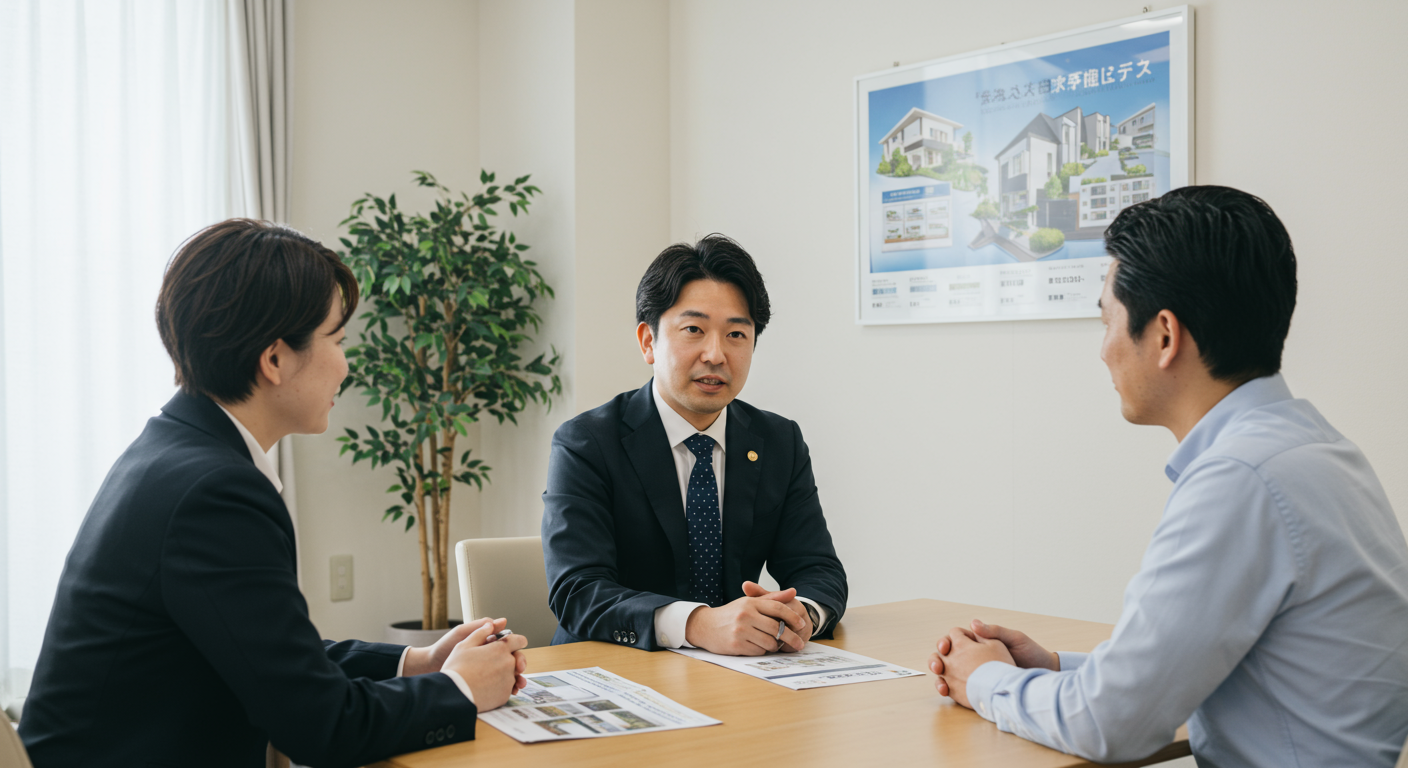 不動産営業マンが顧客と打ち合わせをしている様子