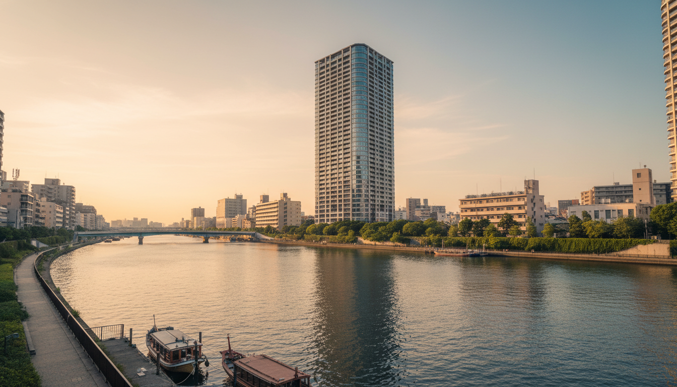 東京湾岸エリアの高層マンション外観と隅田川の風景