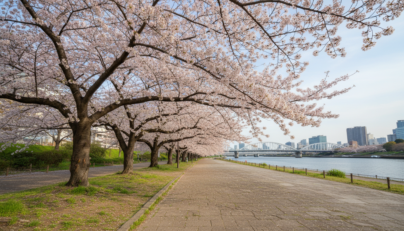 隅田川沿いの公園と桜並木の風景
