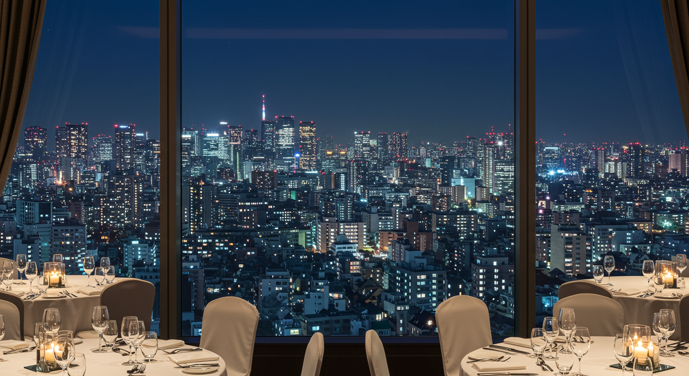 新宿の夜景とパーティー会場