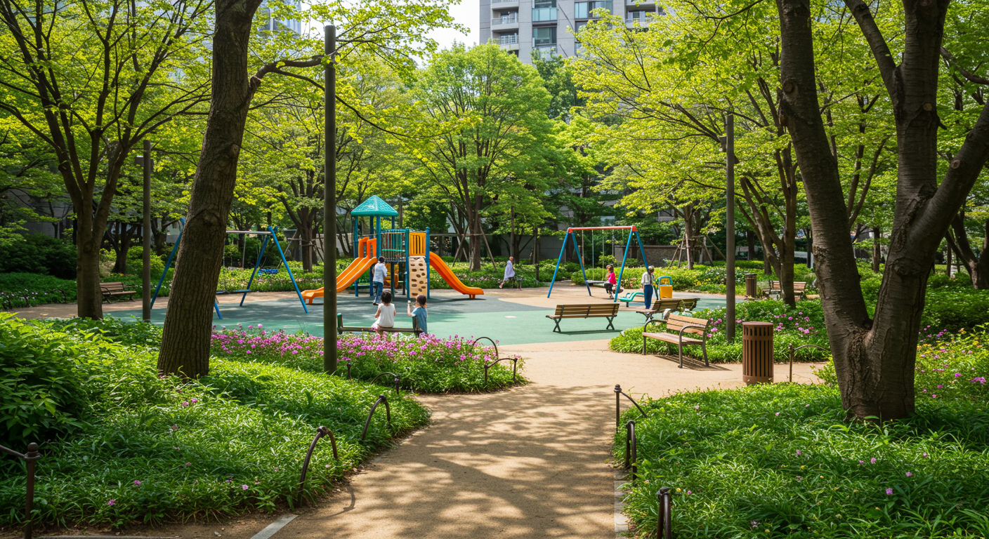港区の公園で遊ぶ子どもたちと緑豊かな環境