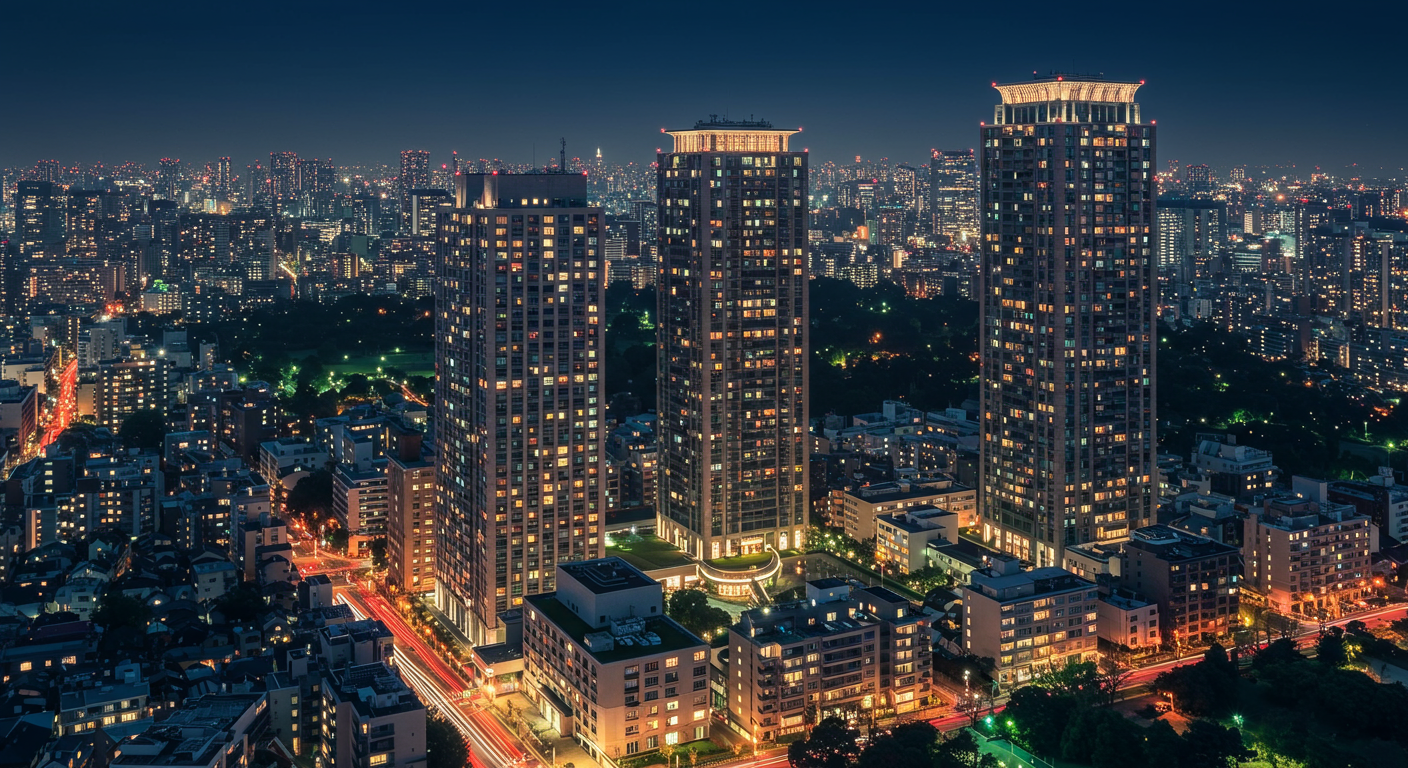 白金エリアの夜景と高級マンションの灯り