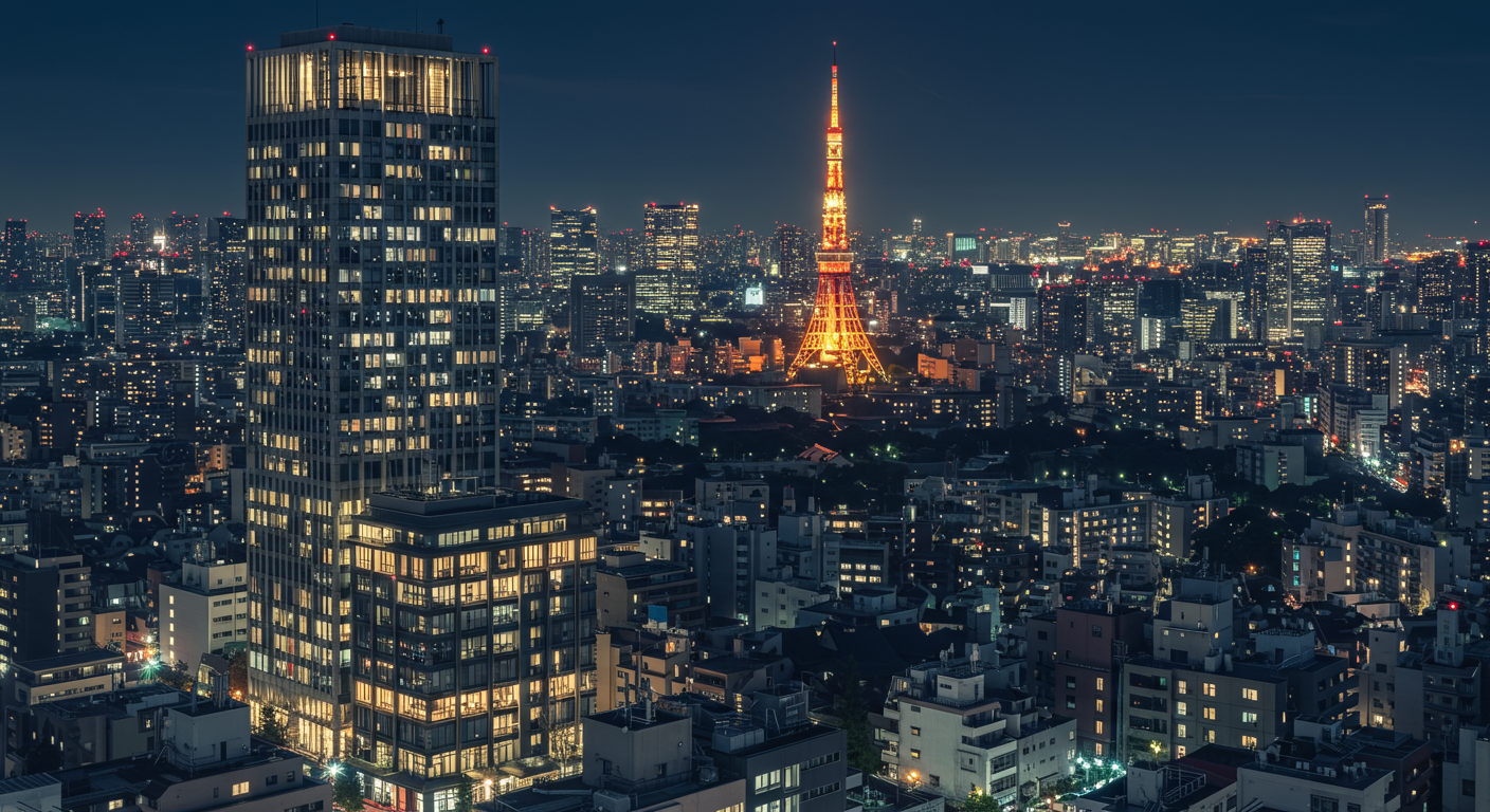 港区新橋の街並みとマンションの夜景