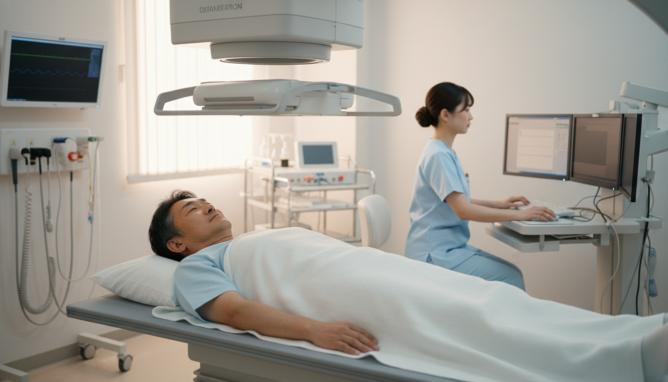 男性の骨密度検査と健康診断の様子