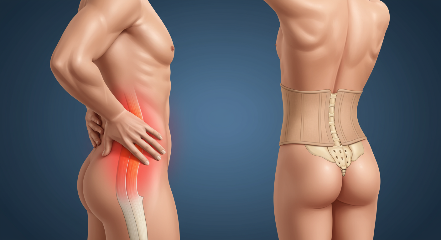 急性腰痛（ぎっくり腰）の様子とコルセットによるサポート