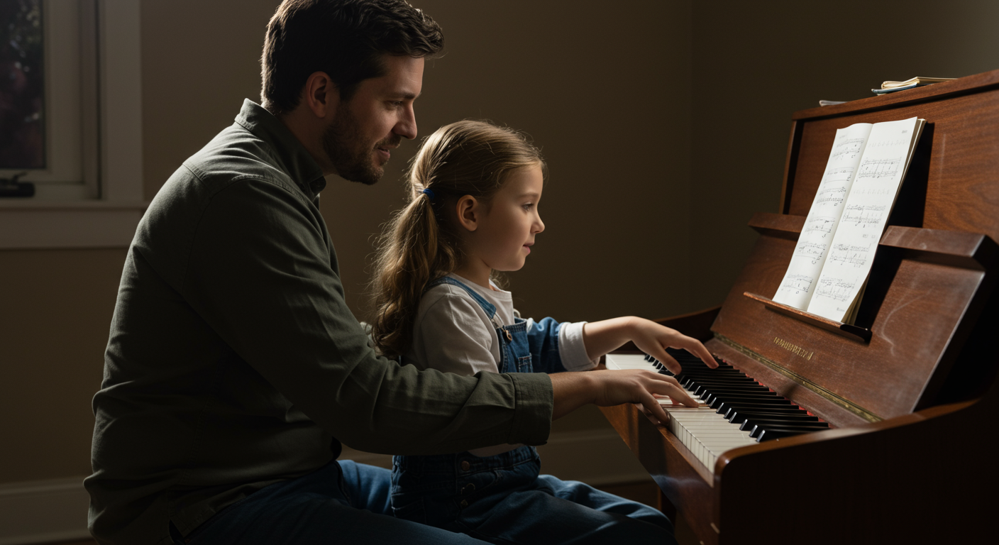 親が子どもに優しく寄り添うピアノレッスン風景
