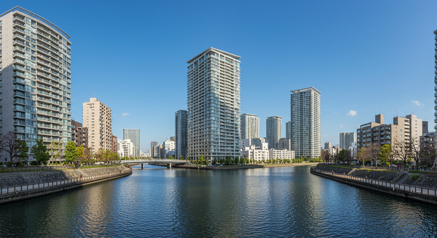 芝浦エリアの水辺の風景と高層マンション