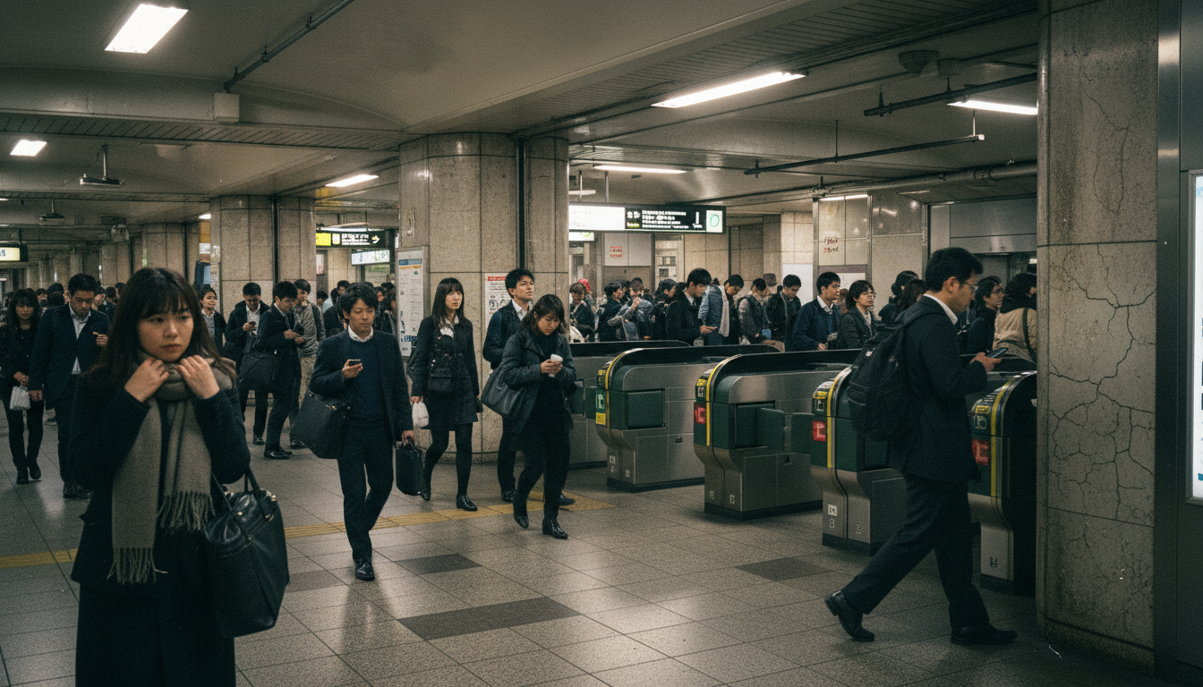 月島駅の改札口と通勤する人々の様子