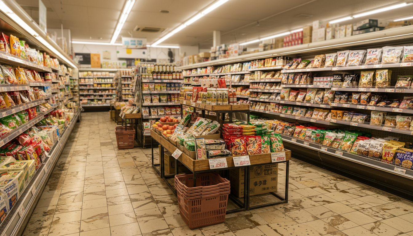 月島のスーパーマーケットの店内風景と商品棚