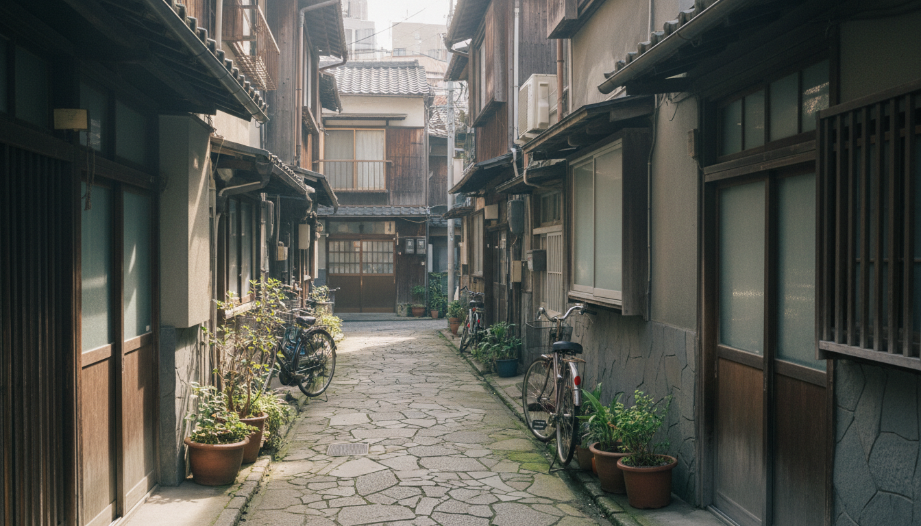 月島の静かな住宅街の路地と低層マンション