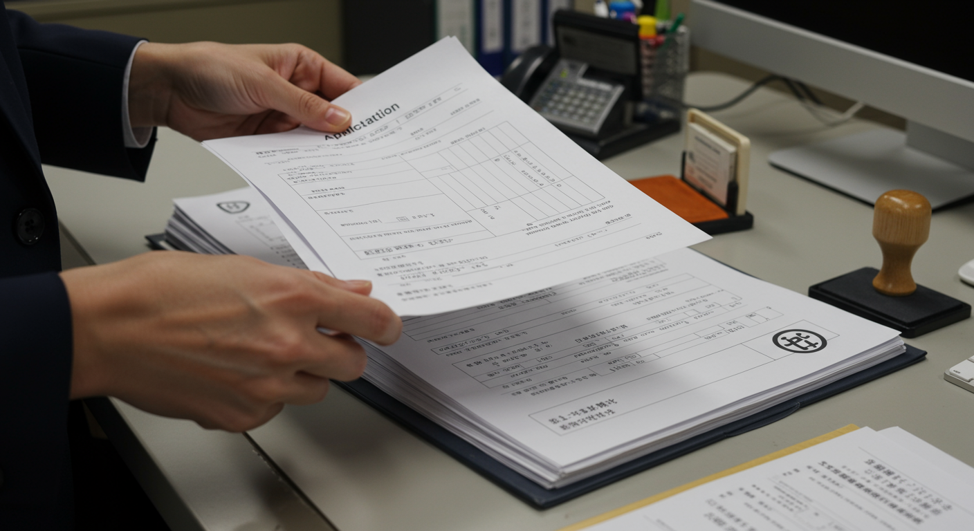 チェックリストと申請書類を確認している様子