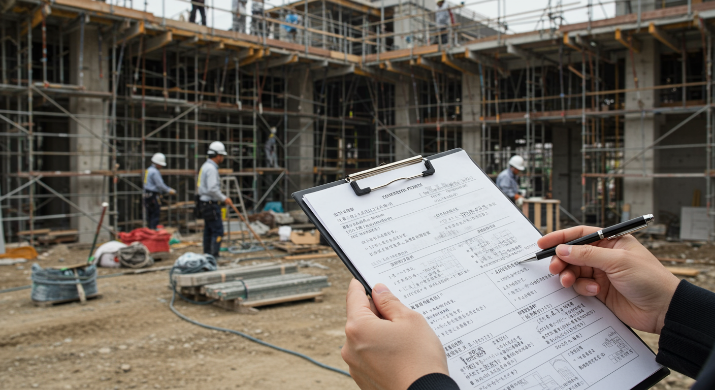 建設現場と書類を確認する様子