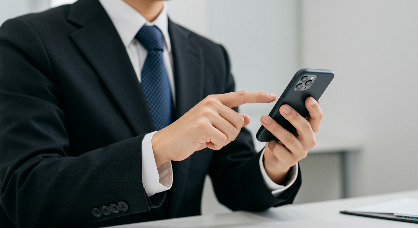 ビジネスパーソンがスマートフォンで素早く返信している様子
