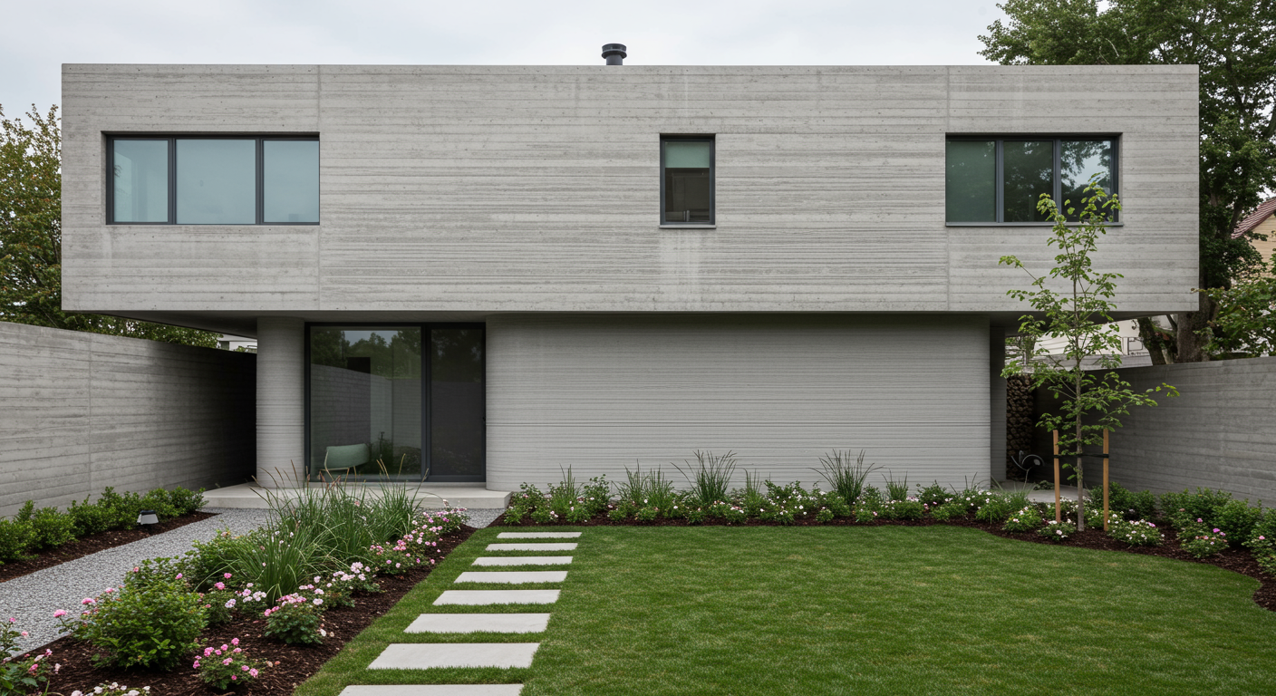 3Dプリンター住宅と調和した現代的な外構デザイン