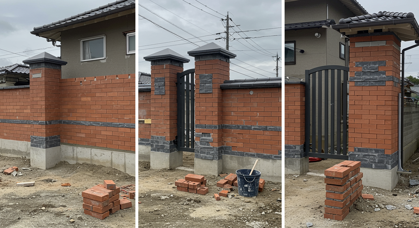 DIYで作る門柱施工過程と完成イメージ