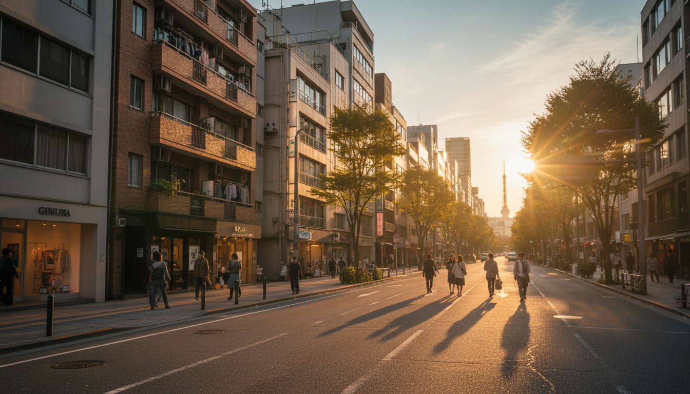 銀座エリアの夕暮れ時の街並みと家族向け住環境