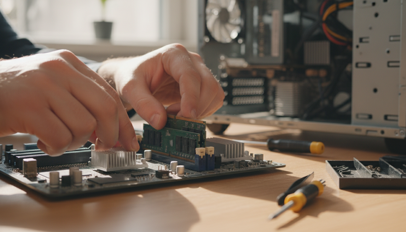 パソコンのメモリ増設作業を行う様子