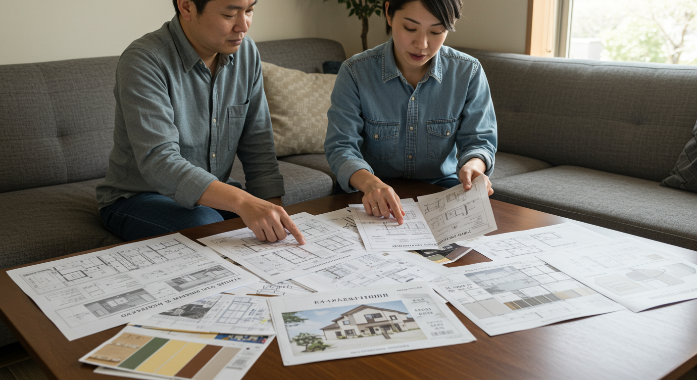 複数の住宅プランを比較検討する様子