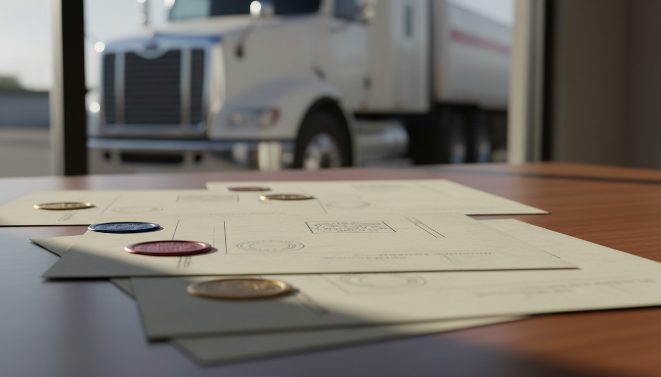 特殊車両通行許可申請書類と車両の写真