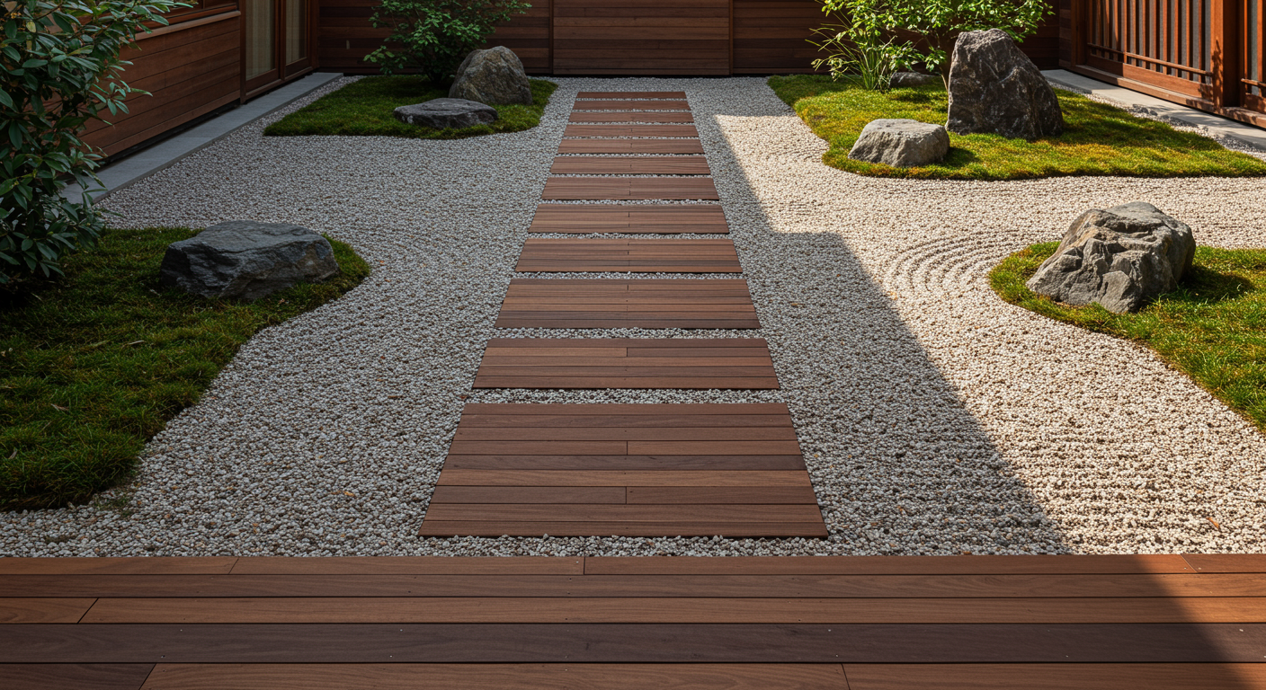 モダンなドライガーデンと木目調タイルの組み合わせ