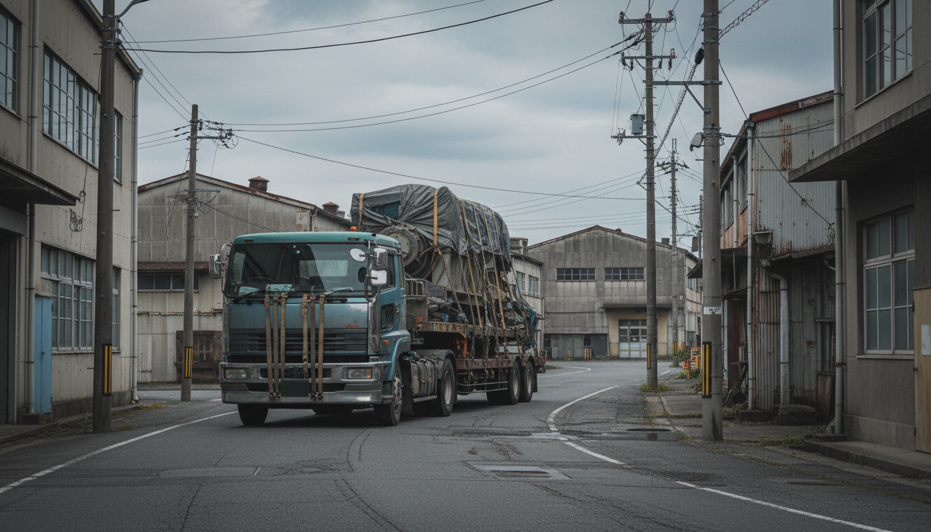 特殊車両通行許可申請の概要イメージ：大型トレーラーが公道を走行する様子