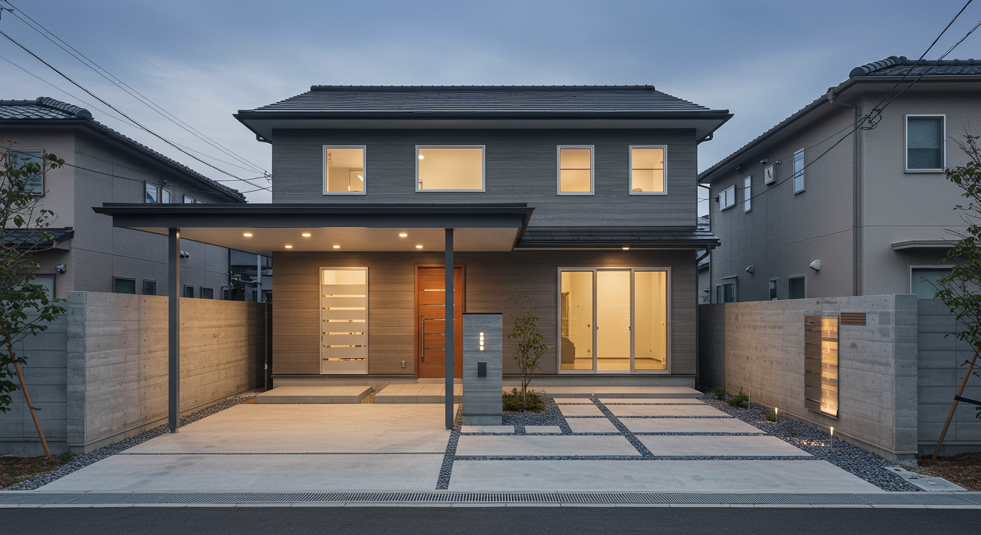 モダンな外構とカーポートのある住宅外観