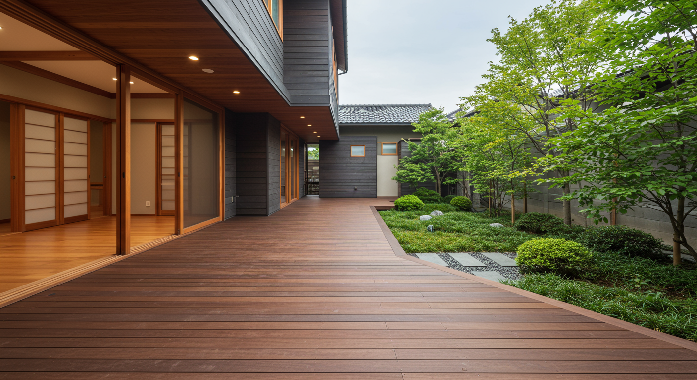 モダンなウッドデッキと庭のある住宅外構