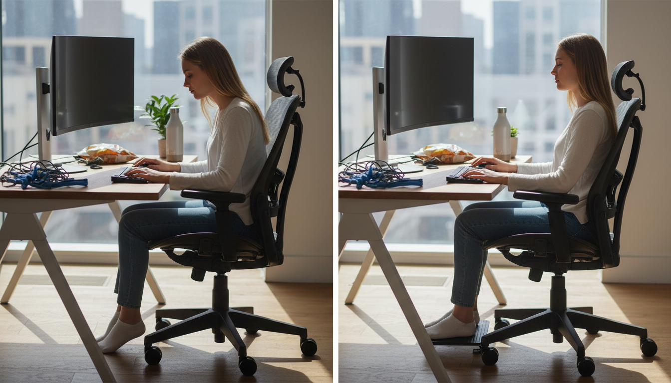 デスクワーク中の不良姿勢と理想的な姿勢の比較