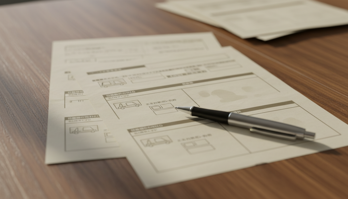 特殊車両通行許可申請の費用内訳を示す書類とペン