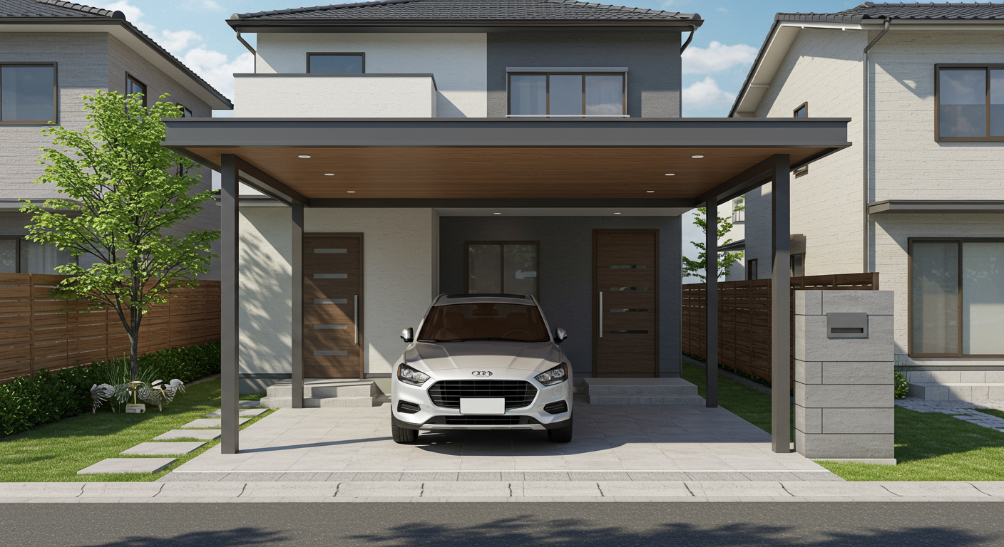 モダンな住宅とマッチしたスタイリッシュなカーポート設置例
