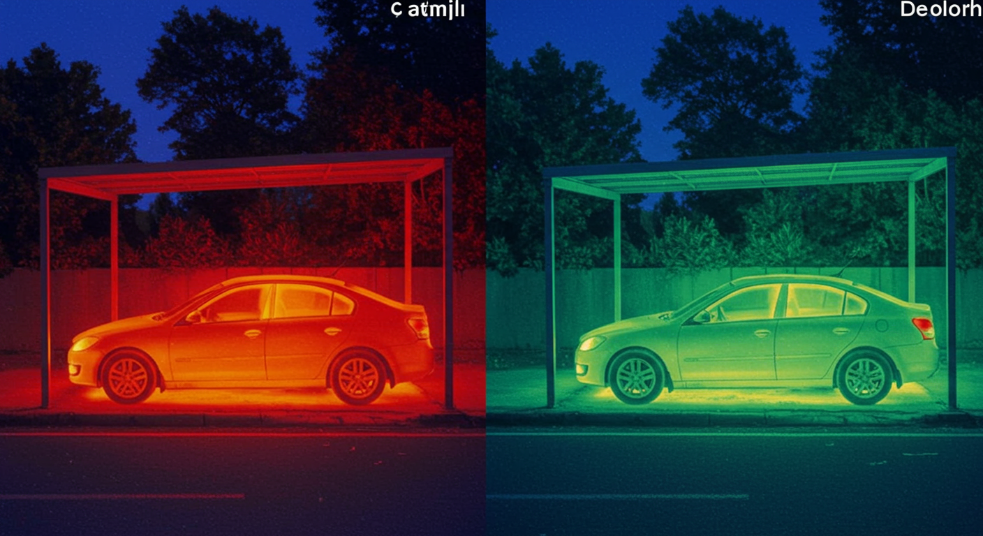 夏場の直射日光と日陰での車内温度の違いを示す熱画像風イメージ