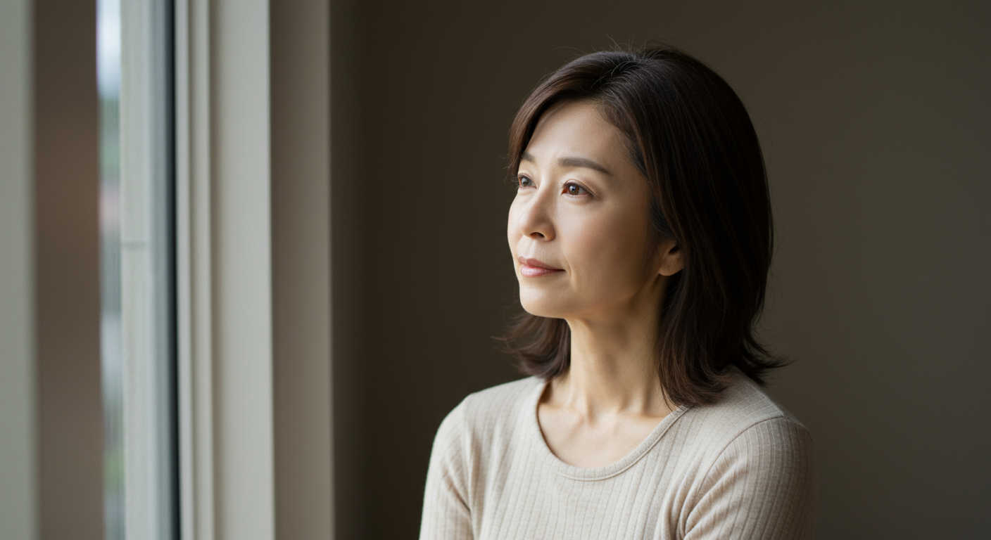 40代女性の悩みを表す静かな瞑想的な場面